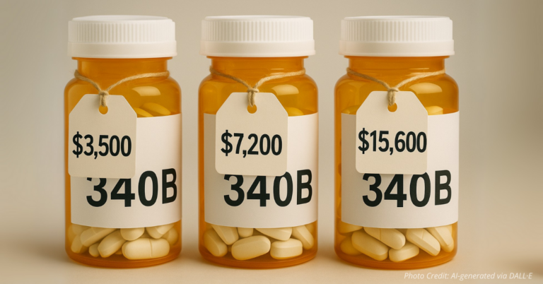 340B pill bottles with inflated price tags symbolizing hospital markups