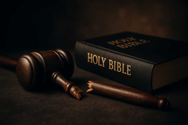Broken gavel beside Bible symbolizing politics overriding prayer and faith