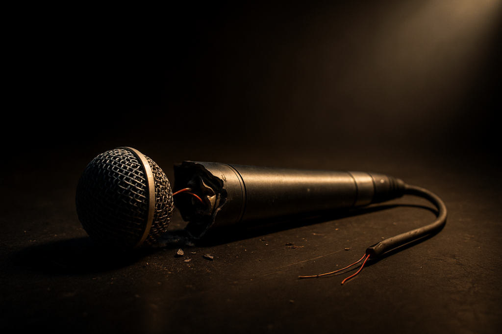 Broken microphone under spotlight symbolizing Charlie Kirk’s silenced voice