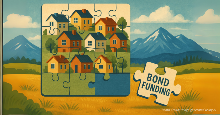 Puzzle neighborhood with missing piece labeled bond funding