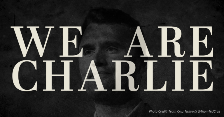Black-and-white “We Are Charlie” banner with Charlie Kirk’s face in background