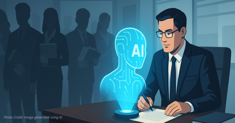 Lawyer works with AI hologram while assistants fade away