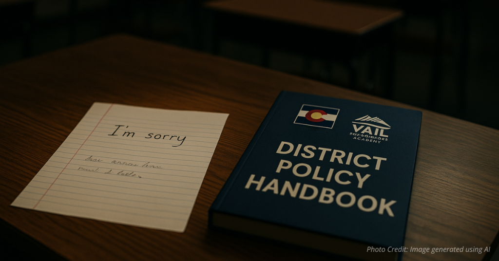 Apology note beside school policy book on teacher’s desk