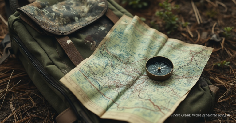 Backpack with map and compass in Colorado forest