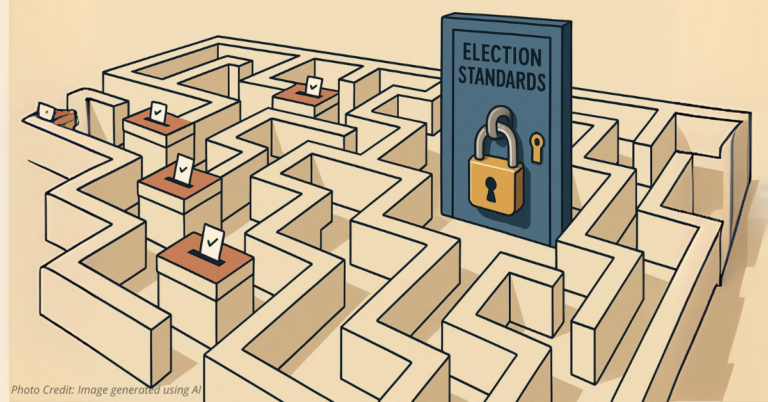 Ballot-box maze ending at a padlocked “Election Standards” door