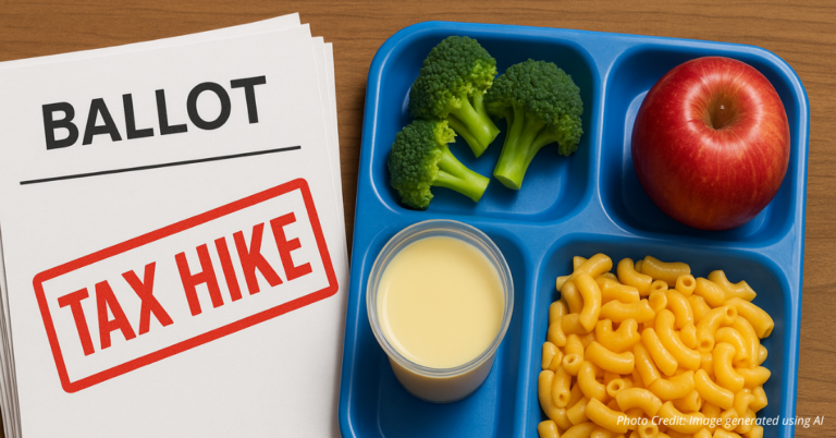 Ballots marked tax hike next to school lunch tray