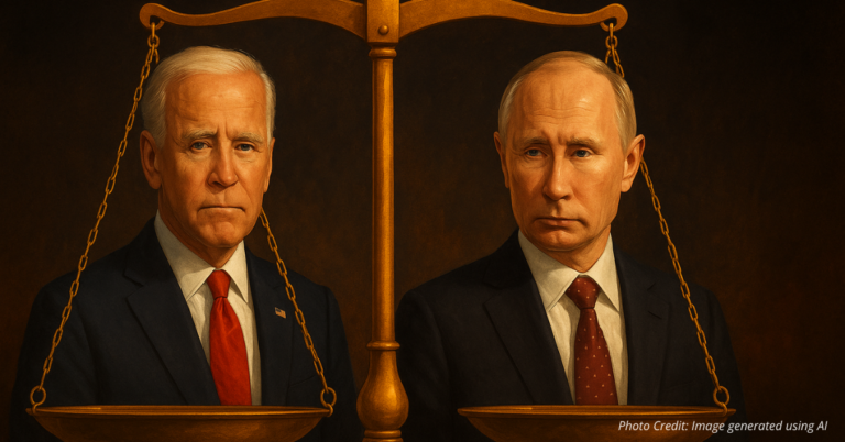 Illustration of Biden and Putin weighed on symbolic scales of justice