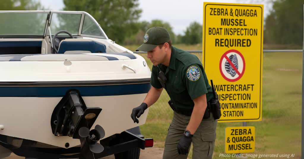 Wildlife officer inspects boat for zebra mussels in Colorado