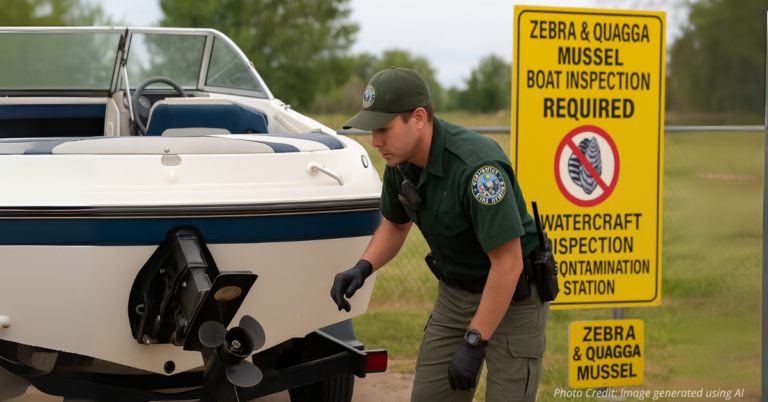 Wildlife officer inspects boat for zebra mussels in Colorado
