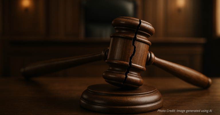Cracked gavel symbolizing broken trust and judicial misconduct