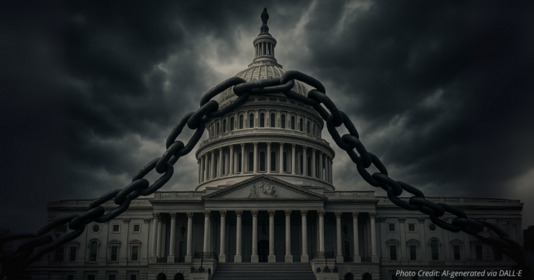 Capitol wrapped in chains symbolizing political gridlock and distrust