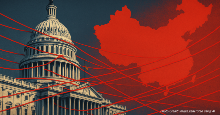 U.S. Capitol entangled with red strings leading to China