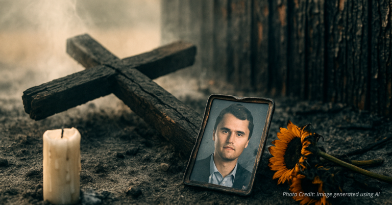 Charred cross and burned tribute items with scorched fence at Loveland memorial