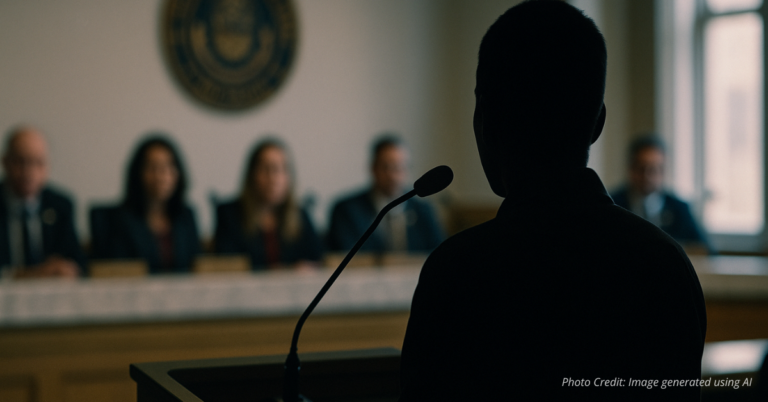 Citizen at a Capitol microphone speaking to lawmakers, symbolizing effective testimony