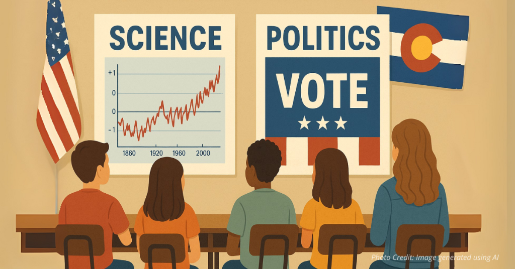 Students face posters of science chart and political sign