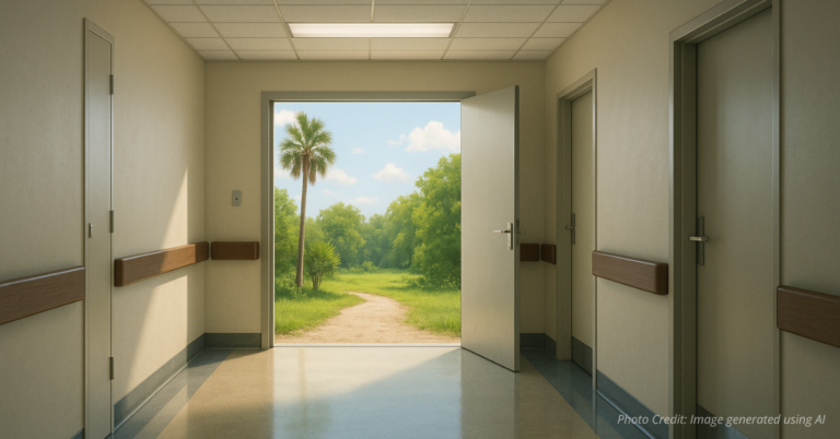 Open doorway from clinic to sunlight symbolizing policy openness