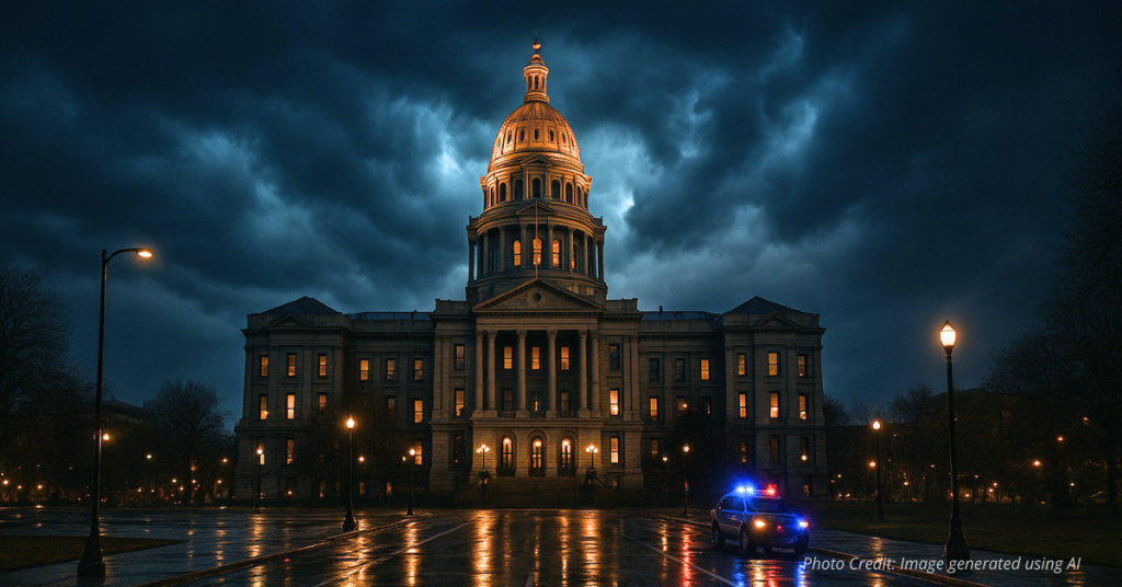 Colorado Capitol under storm clouds symbolizing crime crisis