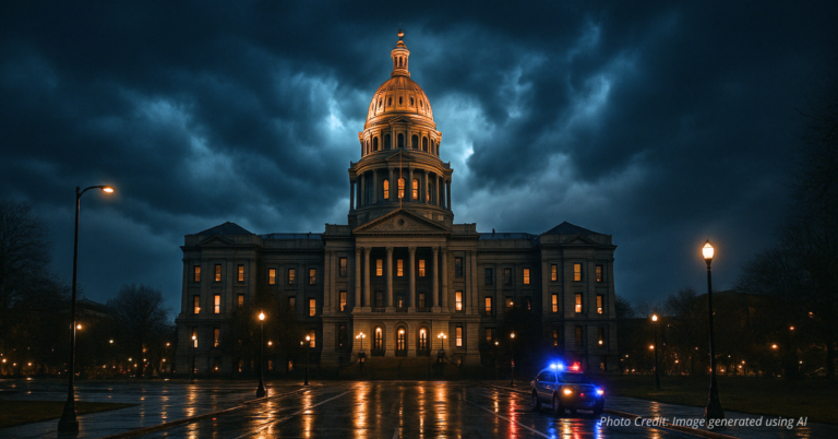 Colorado Capitol under storm clouds symbolizing crime crisis