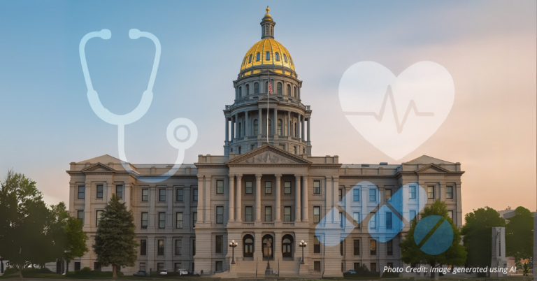 Colorado Capitol with medical icons symbolizing legislative action on healthcare in justice
