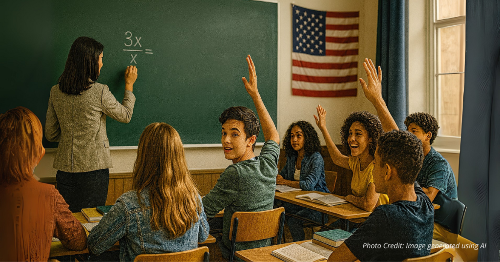 Teacher writes math problem as students raise hands in classroom with American flag