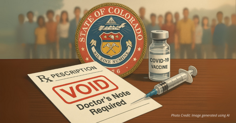 Prescription form stamped VOID next to COVID-19 vaccine and syringe with Colorado state seal