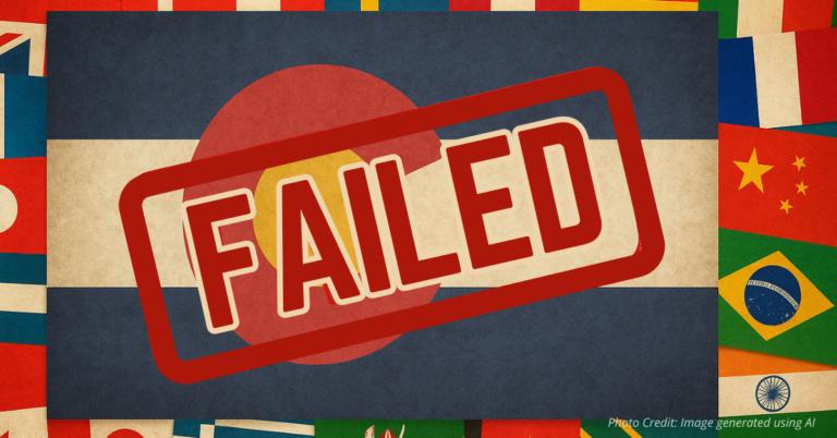 Colorado flag stamped FAILED compared to world standards