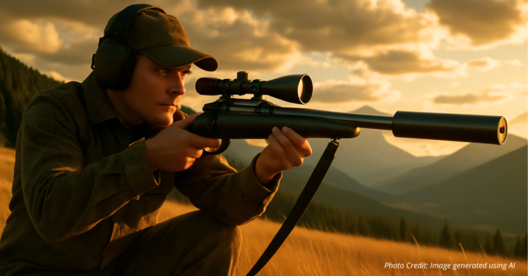 Hunter aiming suppressed rifle in Colorado field