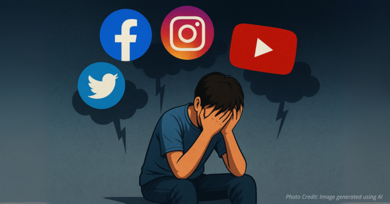 Teen under looming social media icons symbolizing online pressure and anxiety