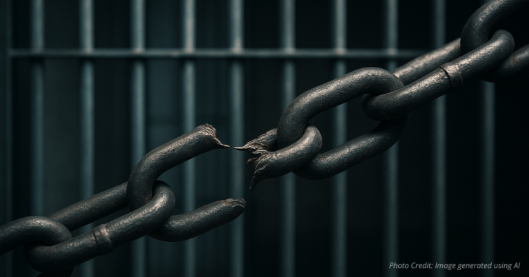 Strained chain link about to snap symbolizing prison system at breaking point