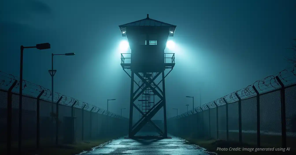 Prison guard tower with floodlights over barbed wire at night