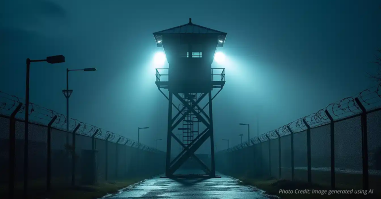Prison guard tower with floodlights over barbed wire at night