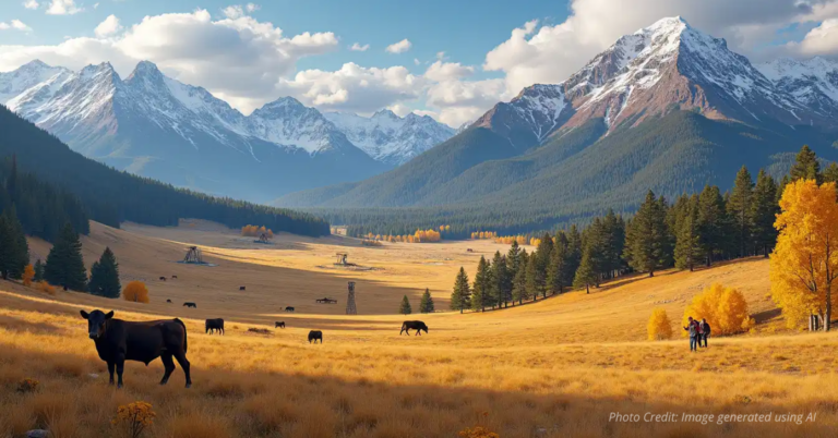 Colorado landscape showing cattle, oil wells, hikers, and forest uses