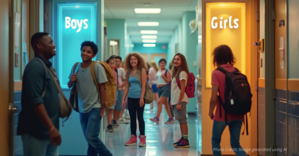 Boys and Girls restroom doors glowing in a school hallway
