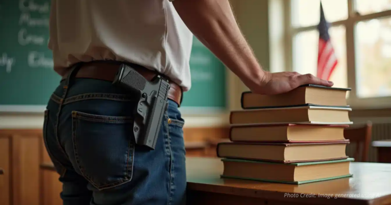 Teacher’s hand on books with discreet holstered firearm symbolizing protection