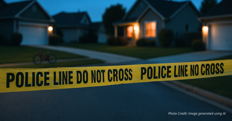 Crime scene tape across suburban street in Colorado Springs
