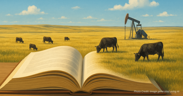 Open book pages turning into prairie with cattle