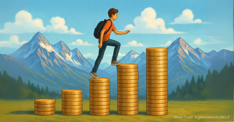 Teen climbing coin ladder with Colorado mountains in background