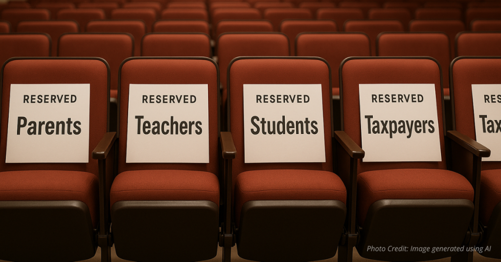 Auditorium seats reserved for parents, teachers, students, taxpayers
