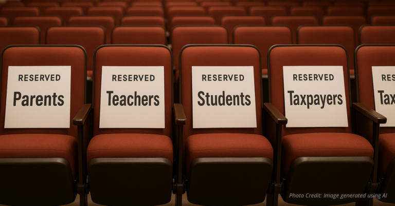 Auditorium seats reserved for parents, teachers, students, taxpayers