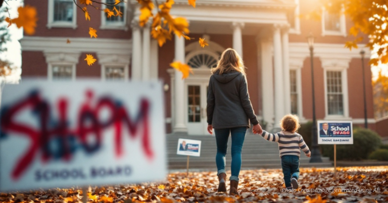 Parent and child outside school with campaign signs in background