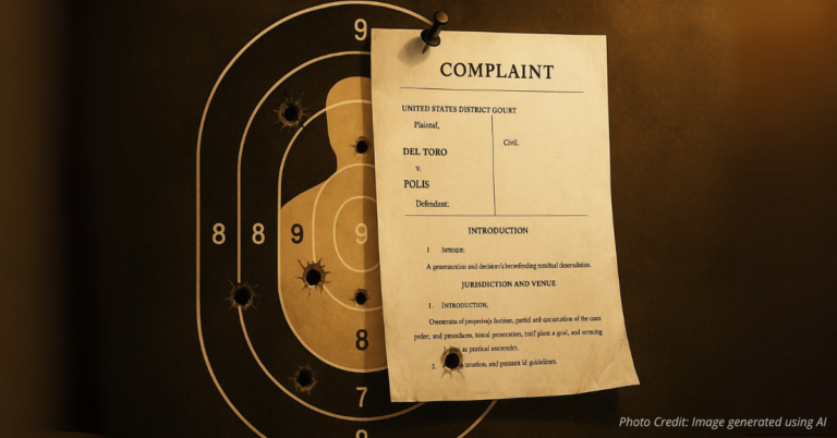 Shooting target with legal complaint pinned, symbolizing courtroom fight