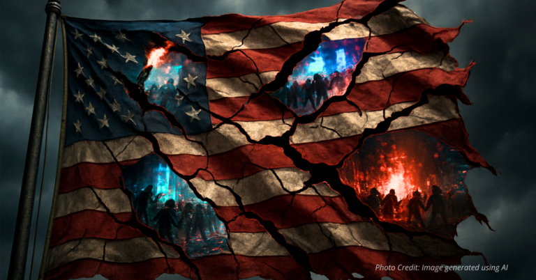 Cracked American flag with faint riots in fractures.