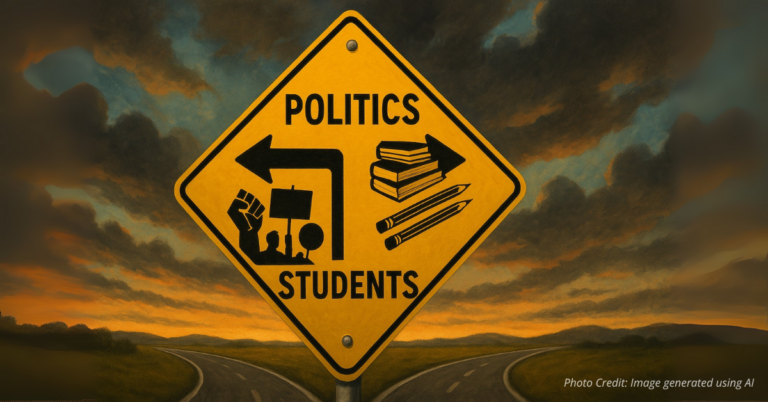 Road sign showing choice between politics and students
