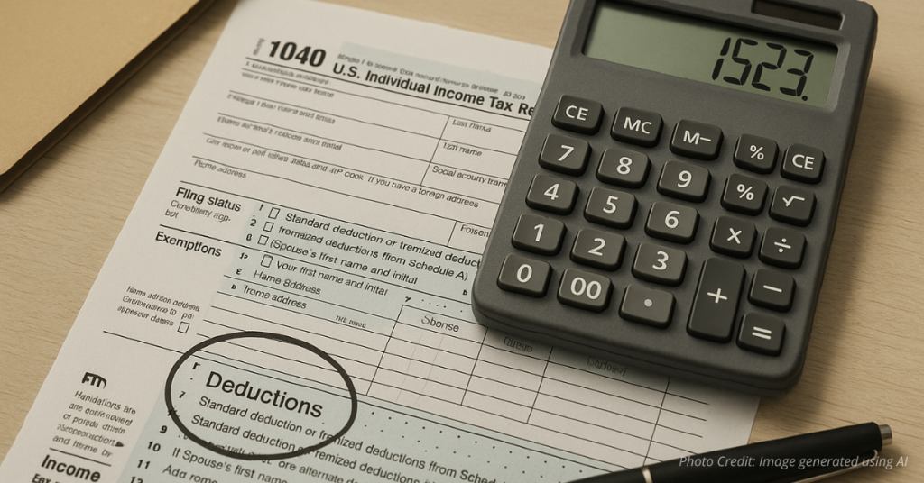 Tax form with ‘Deductions’ circled beside a calculator