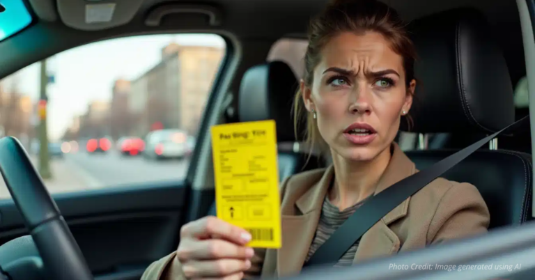 Frustrated Denver driver holding parking ticket in car