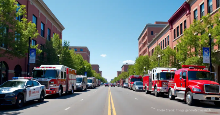 Police cars and fire trucks line opposite sides of a Denver street with officers and firefighters