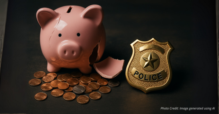 Broken piggy bank with police badge showing budget strain