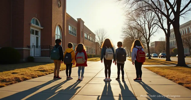 Children with backpacks walking into a Denver public school