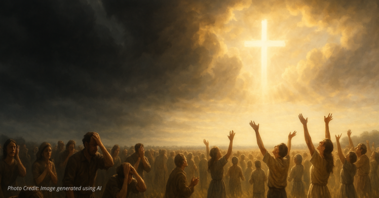 Crowd divided between fear and worship under apocalyptic sky
