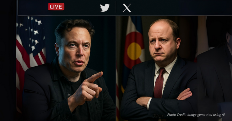 Elon Musk and Jared Polis shown in split-screen with Twitter/X icons symbolizing online clash